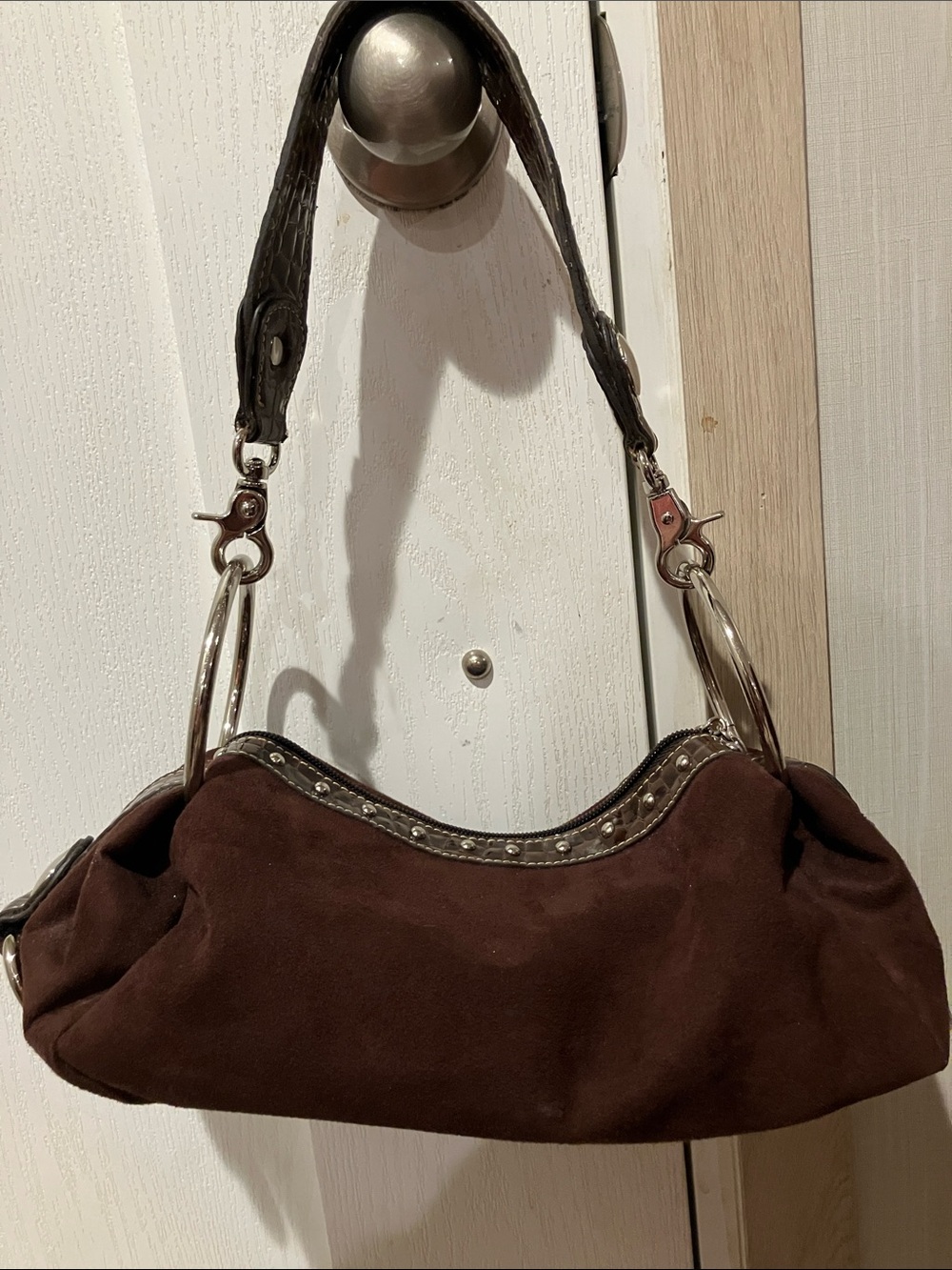 Kathy Van Zeeland Brown Suede Shoulder Bag with Silver Rings